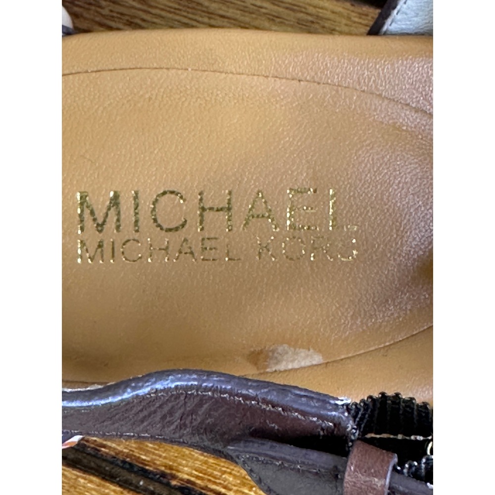 Michael Kors Sandals Women's 10 T-Strap Ankle Buckle Brown Leather Block Heel - Picture 5 of 12